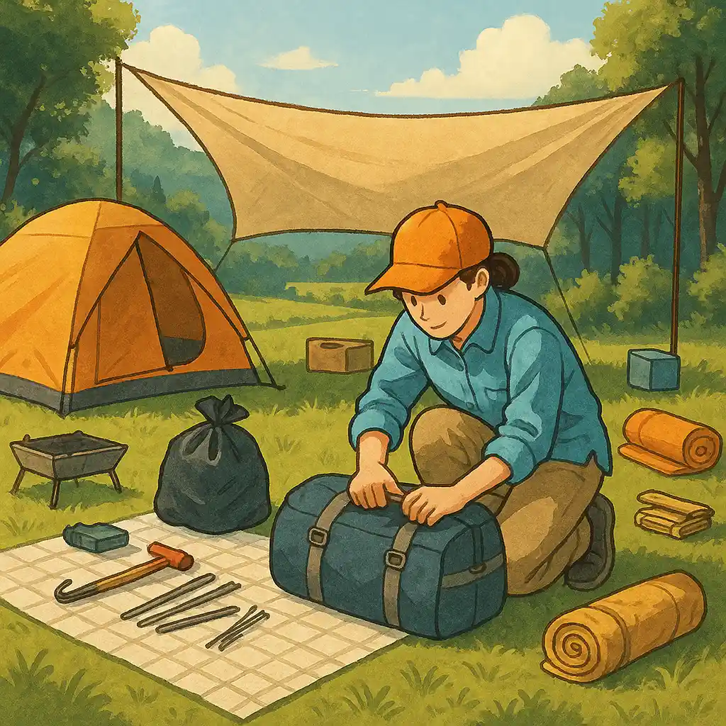 森のキャンプ場で撤収作業をするキャンパー。オレンジ色のテントとタープの下で荷物をまとめ、ペグやハンマーなどの道具が整然と並んでいるイラスト。