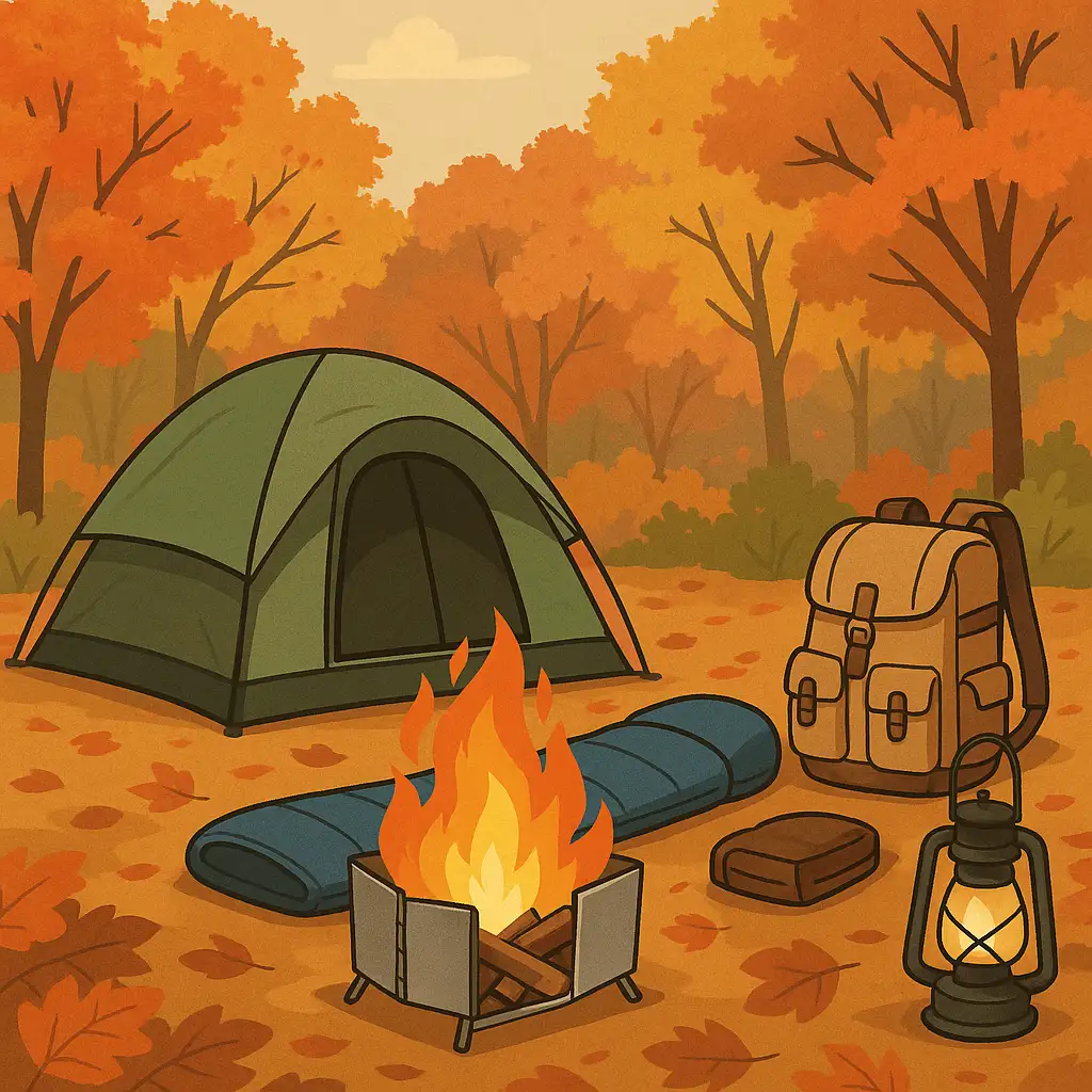 秋の林間キャンプ場で、落ち葉に囲まれたテントサイト。焚き火、テーブル、寝袋などのキャンプ道具が整然と並ぶ、初心者向けの装備が視覚的にわかるイラスト