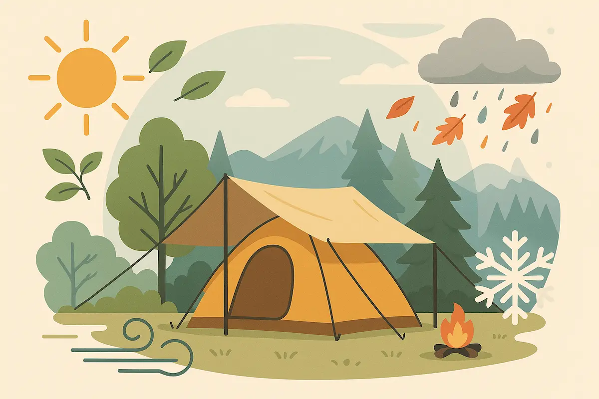 テントとタープのあるキャンプサイトに、晴・雨・風・雪のアイコンを重ねたイラスト。季節別の天気対策ガイド用アイキャッチ。