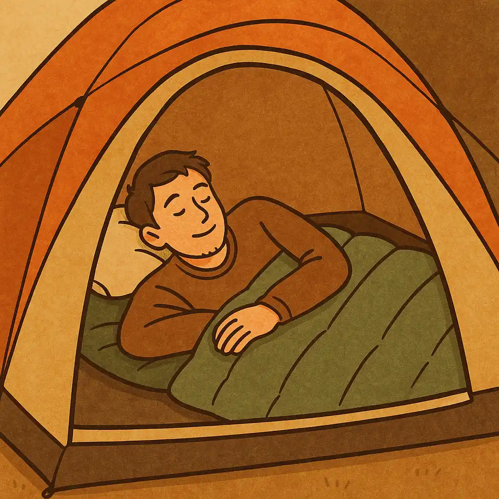 テントの中で寝袋にくるまれて眠る男性のイラスト。暖色系のドーム型テント内でリラックスした表情を浮かべ、枕を使って横になっている。寝袋は深いグリーンで、全体的に落ち着いた色合いのイラスト風タッチ。