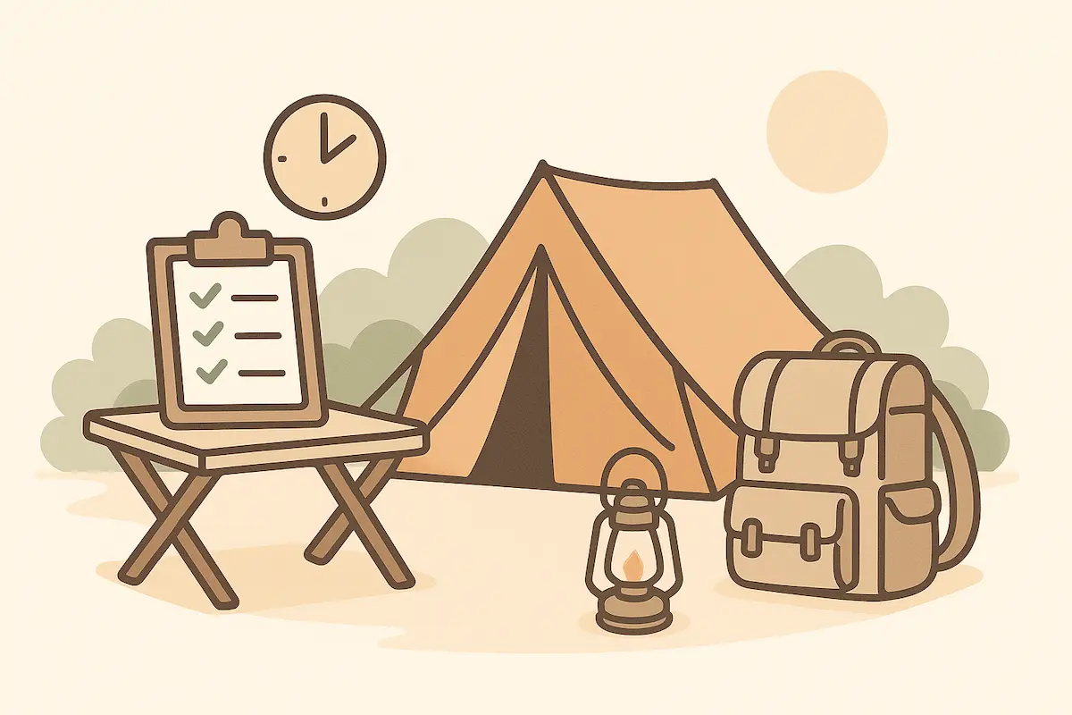 キャンプ当日の流れと準備を示すフラットイラスト（チェックリスト・バックパック・地図・時計アイコン）