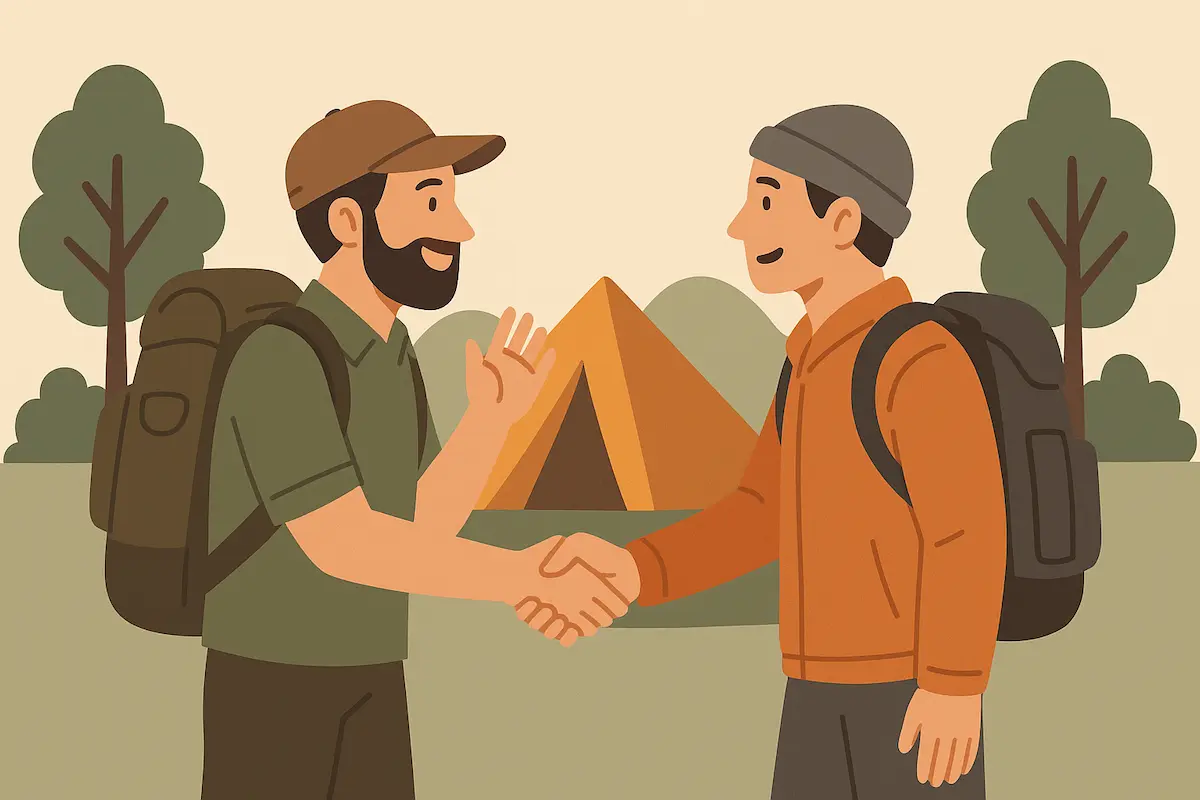 キャンプ場で出会った二人のキャンパーが笑顔で握手を交わしている様子を描いたフラットスタイルのイラスト。背景にはオレンジ色のテントと木々が配置され、和やかな雰囲気が広がっている。