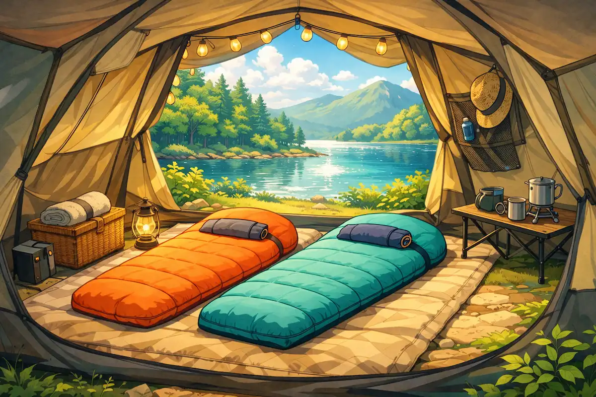 夏のキャンプのテント内部に、オレンジと青緑の寝袋が2つ敷かれ、ランタンや調理道具が置かれた先に湖と山の景色が広がるイラスト
