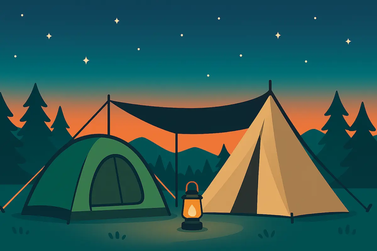 ドーム型テントとタープが張られたキャンプサイトの平面イラスト。ランタンやクーラーボックス、チェックリスト、焚き火が描かれ、背景に木々と雲。