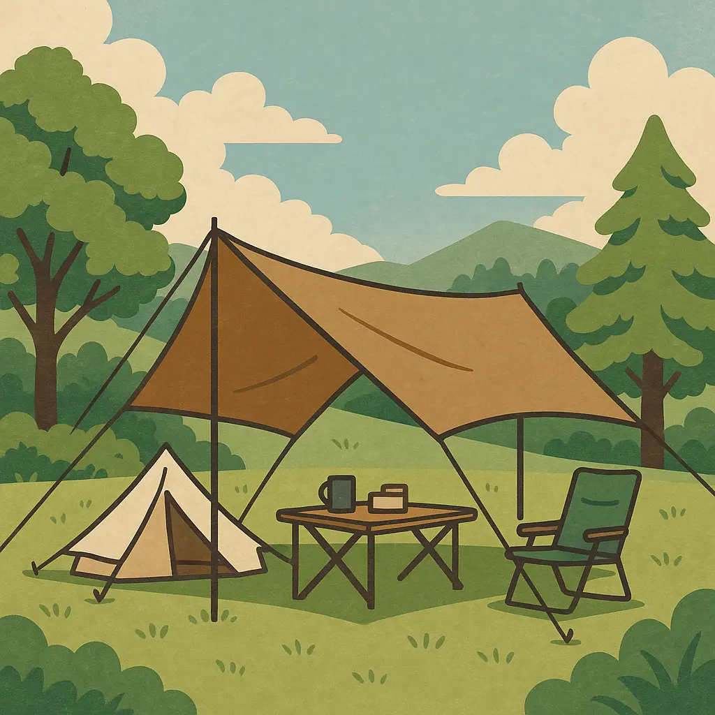 キャンプサイトに設営されたタープとテント。タープ下にはテーブルとチェアが置かれ、日陰のリビング空間をつくっているイラスト風の描写。
