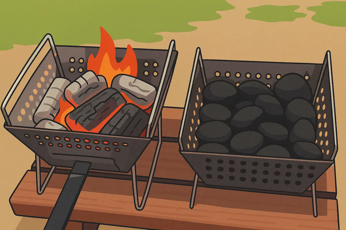 金属製焚き火台の上に積まれた炭が屋外で燃えている様子