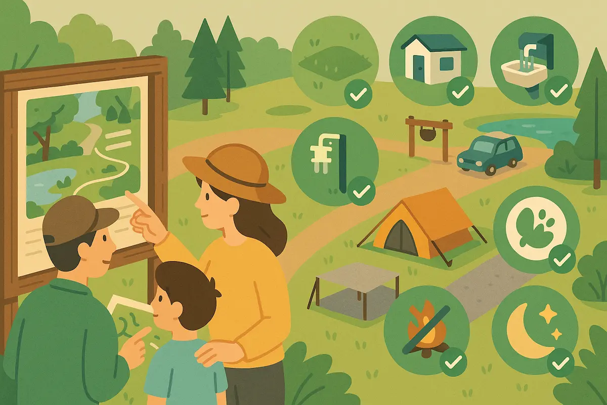 芝生のキャンプ場にテントとタープが並び、家族がくつろぐ様子を描いたフラットイラスト。背景に木立と山、晴天の空。
