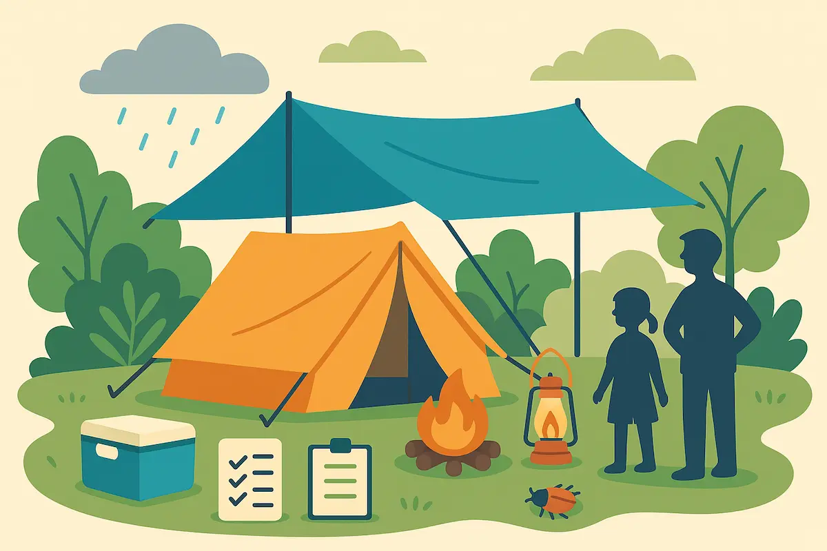タープとオレンジ色のテントを張ったキャンプサイトのイラスト。焚き火とランタンが灯り、クーラーボックスやチェックリストが置かれ、親子が焚き火を眺めている様子。