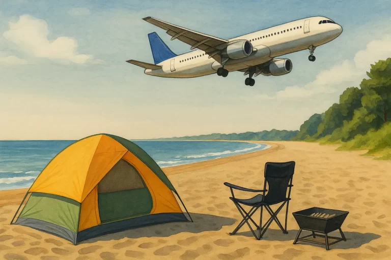 砂浜に面したキャンプ場と飛行機が上空を飛ぶ様子