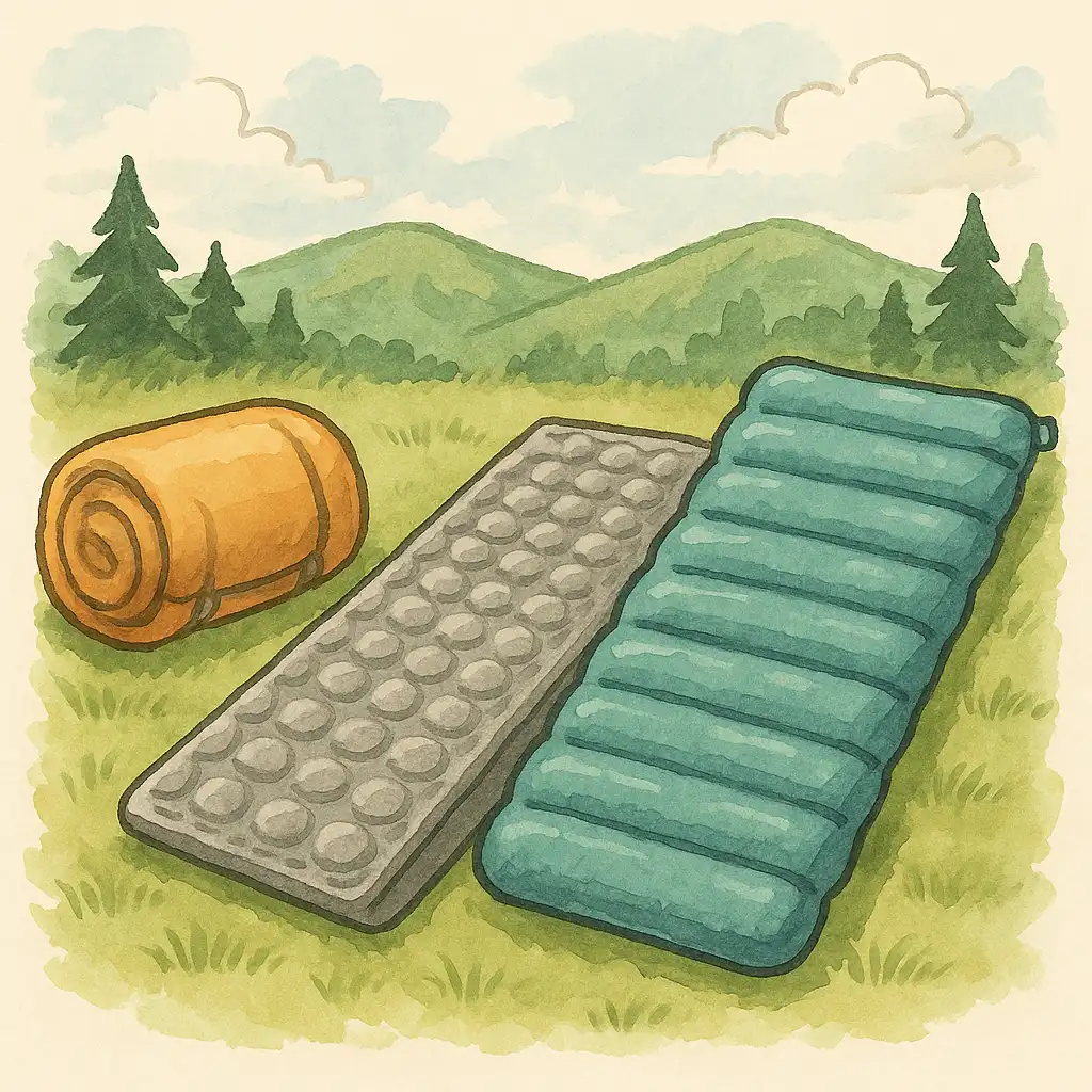 イラスト風のキャンプシーン。テント前に3種類のキャンプマット（銀マット、インフレータブル、エアマット）が並べられ、寝袋の横に配置されている様子を描いている。