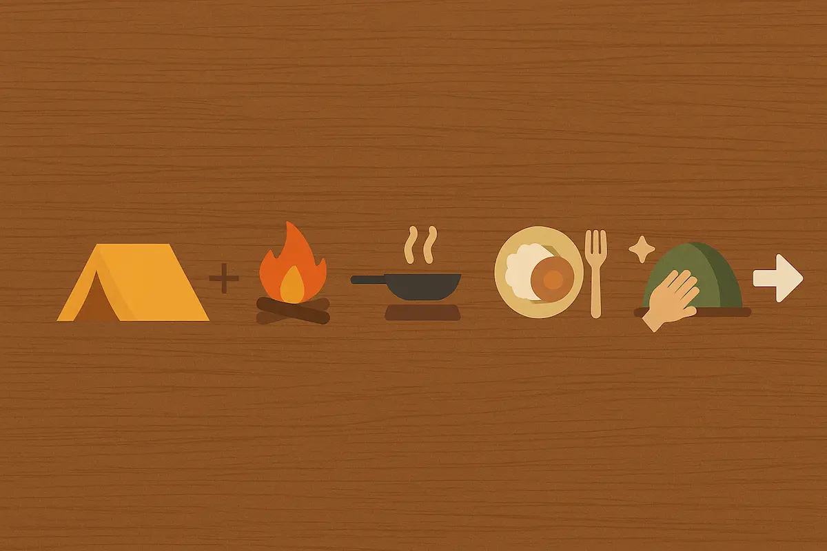 木目調の背景の上に、キャンプの一日の流れを示すイラスト。日の出とともに設営されたテント、焚き火や調理、そして片付けの様子を示すアイコンが横一列に並び、全体が落ち着いた配色で表現されている。文字は一切含まれていない。