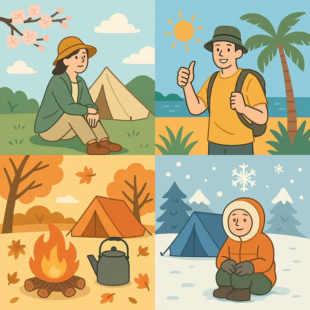 四季（春・夏・秋・冬）のキャンプ風景を4分割で描いたカラフルなフラットイラスト。春は桜とテント、夏は青空と湖畔キャンプ、秋は紅葉と焚き火、冬は雪景色と防寒テントが描かれている。