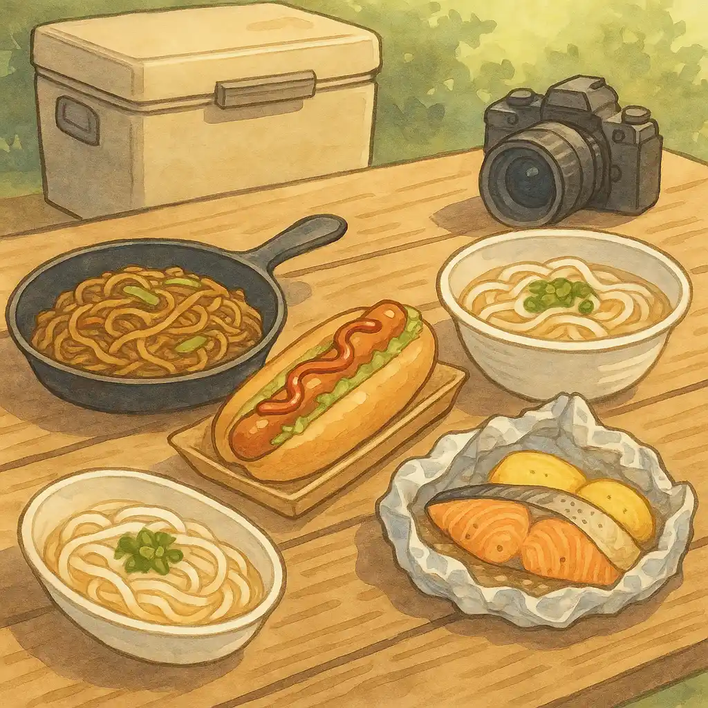 キャンプ用の木製テーブルに並べられた彩り豊かなアウトドア料理を描いたイラスト。焼きそば、ホットドッグ、うどん、ホイル焼きの鮭などが配置され、背景には緑の木々とキャンプギアが描かれている。