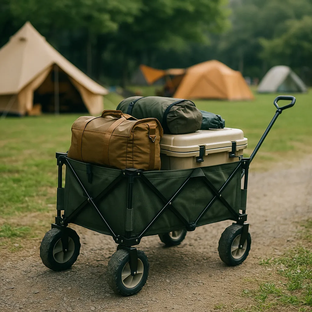 荷物を満載したキャリーワゴンをキャンプ場で引いている様子を写した写真風画像（人物なし）
