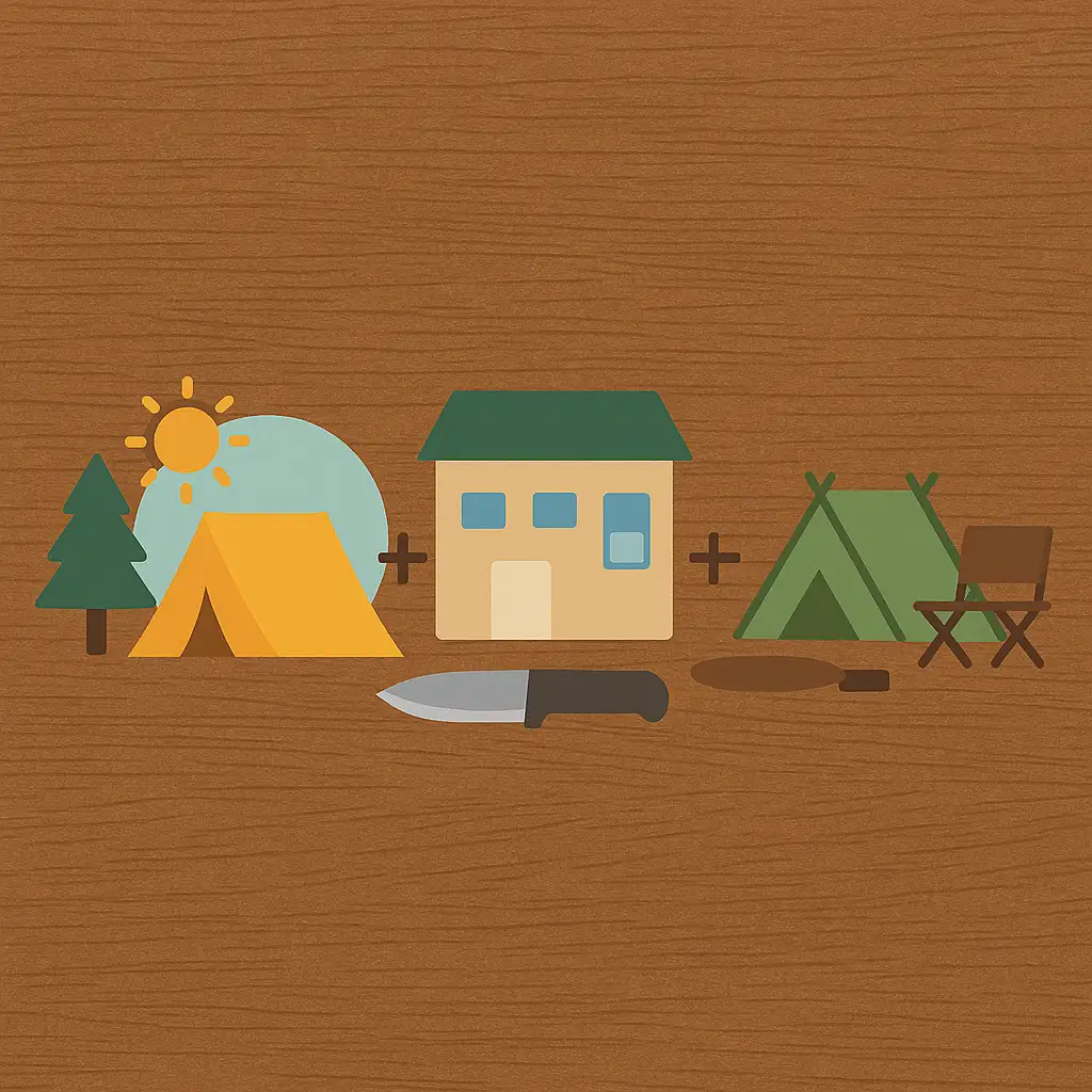 木目調の背景の上に、左から順に太陽と木とテント、コテージ風の建物、グリーンのテントとキャンプチェア、そしてナイフと焚き火台のイラストが並んでいる。アイコンスタイルで統一されており、「キャンプスタイルの選択肢（テント泊、コテージ泊など）と使用するギア」を視覚的に表現した構成。