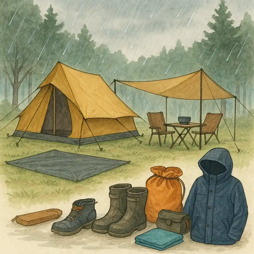 雨の森の中に設営された黄色いテントとタープ。手前には防水ブーツやレインジャケット、防水バッグなど雨キャンプ用の装備が並んでいるイラスト。