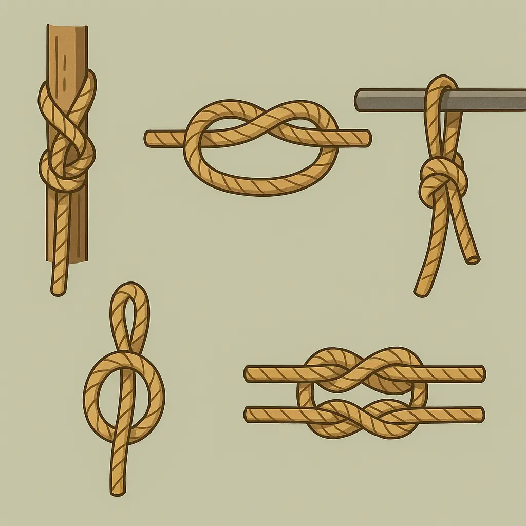 テントとタープをロープで結び固定するキャンプ風景を描いたイラスト。