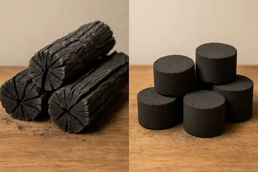 黒炭と成形炭が並べられた比較写真