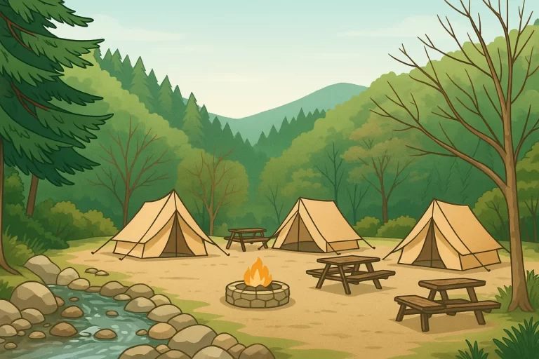 BOSCO Auto Camp Baseの自然豊かな川沿いキャンプ場を描いたイラスト