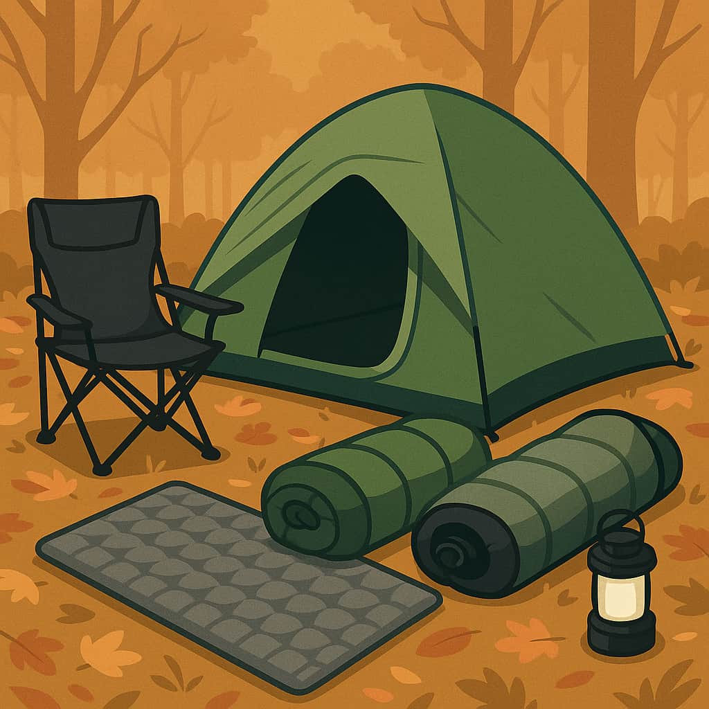 秋の落ち葉の上に、グリーンのテント、黒いチェア、銀と黒のキャンピングマット、緑とグレーの寝袋、黒いLEDランタンが整然と並べられているキャンプギア一式のイラスト。