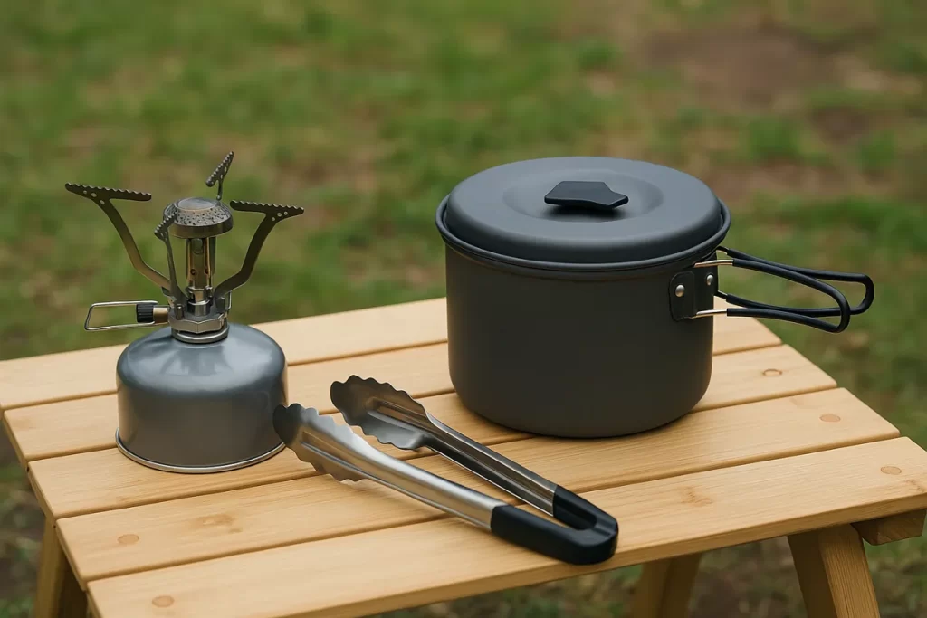 キャンプ用バーナーとクッカー、トングが木製テーブルの上に並べられている様子