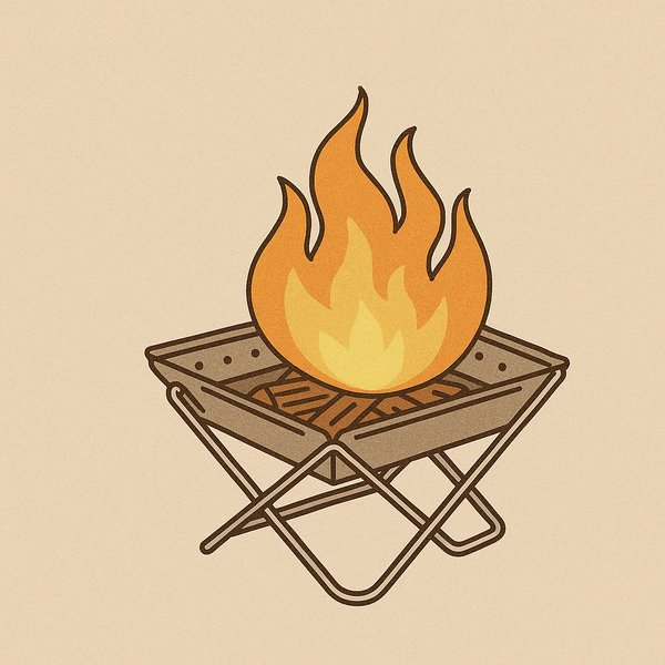 焚き火台の上で暖かな炎が燃え上がる様子を描いたイラスト。折りたたみ式金属フレームの焚き火台と薪、柔らかなベージュ背景が特徴。