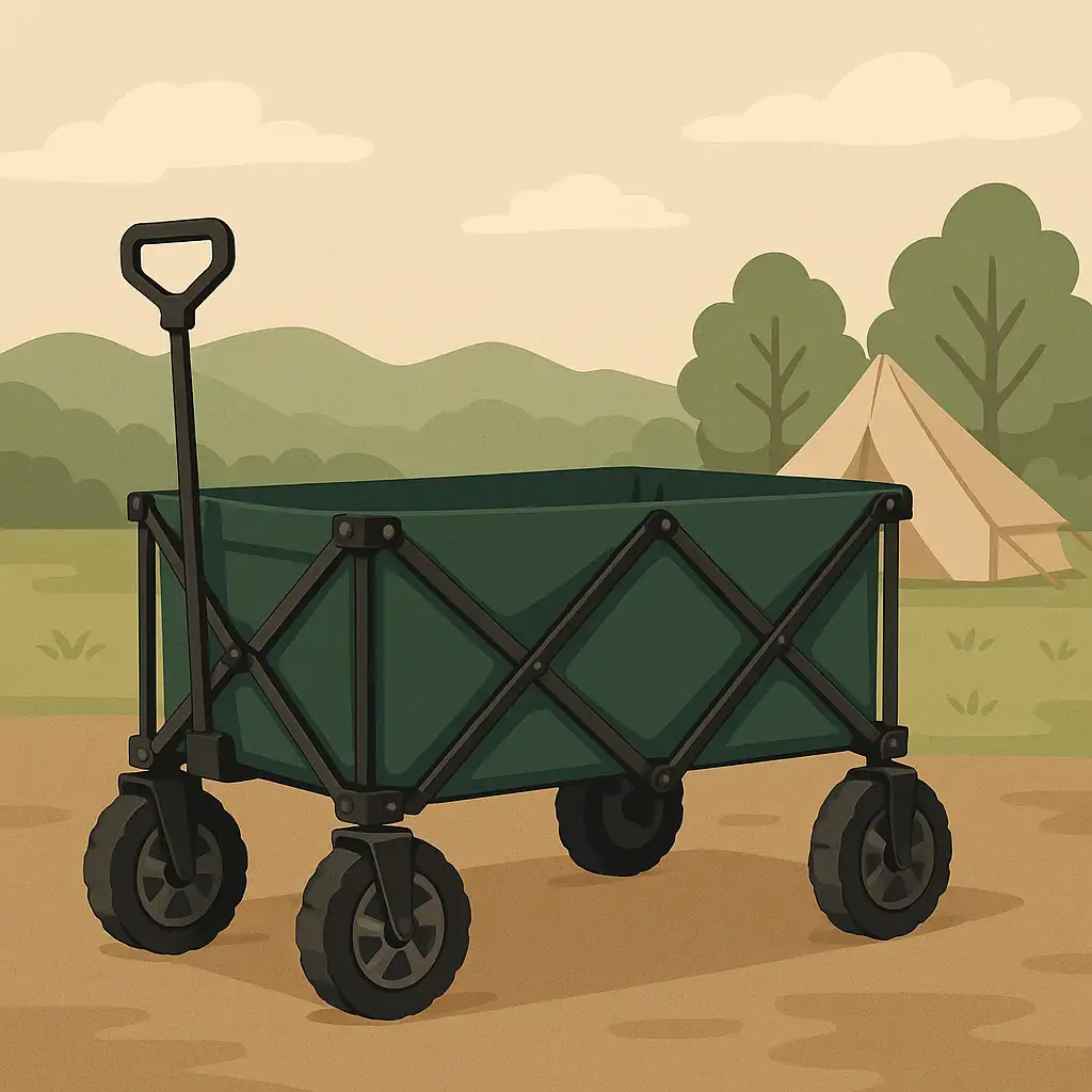 折りたたみ式キャリーワゴンとキャンプ道具を描いたイラスト