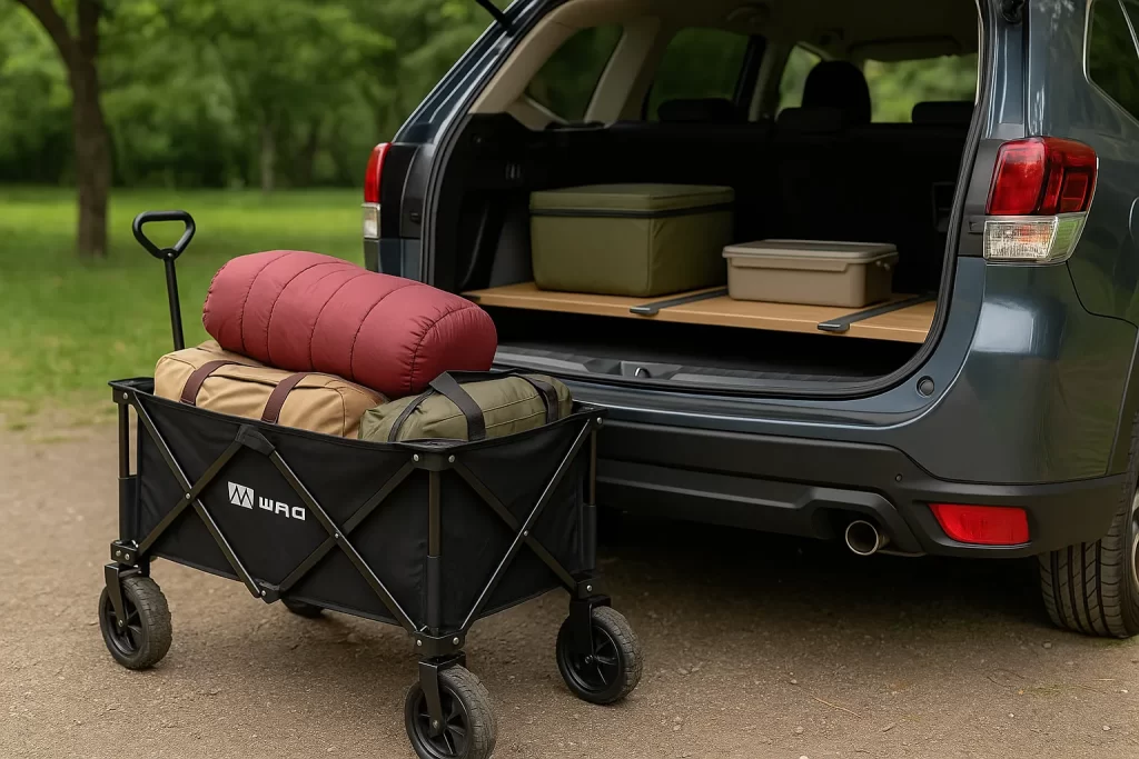 キャンプ場で車の荷室棚に収納されたWAQの大型キャリーワゴンの写真風イメージ