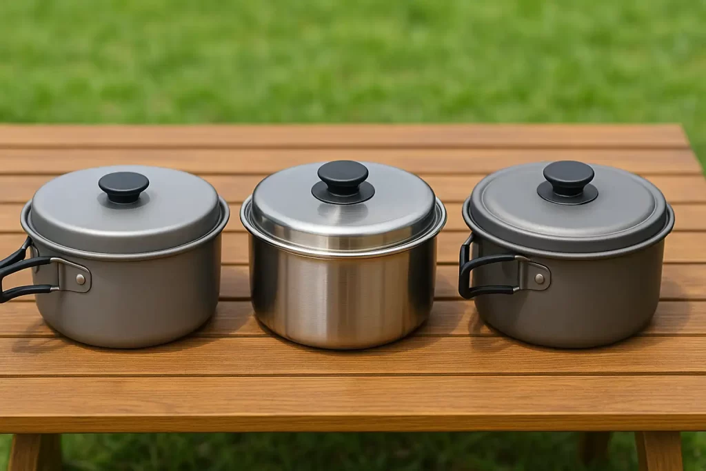 木製テーブル上に並んだアルミ、ステンレス、チタン製のキャンプ用クッカー3種類、屋外の芝生を背景にした俯瞰写真