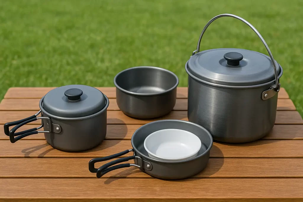 1〜2人用のコンパクトなキャンプ用クッカーセットを木製テーブル上に配置した写真