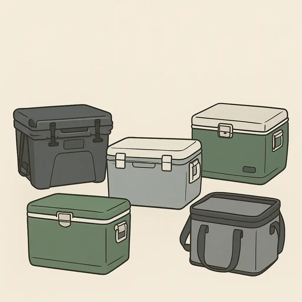 5種類のクーラーボックスが並んだイラスト（ハードタイプとソフトタイプを含む）