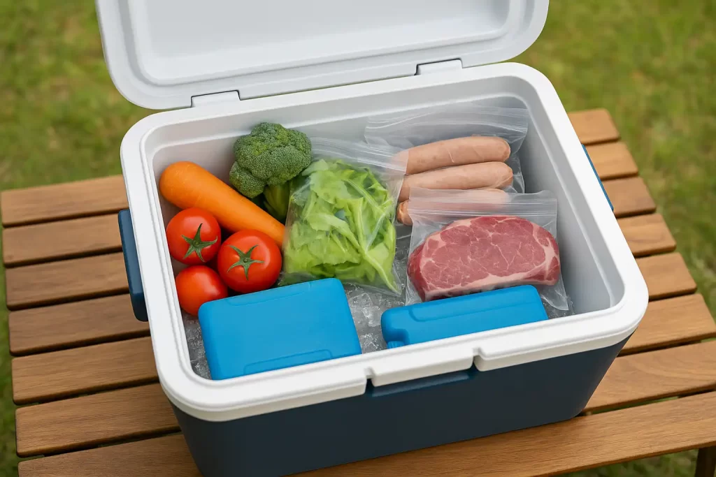 保冷剤を下に、凍らせた品と要冷蔵品を順に重ねたクーラーボックスのパッキング例