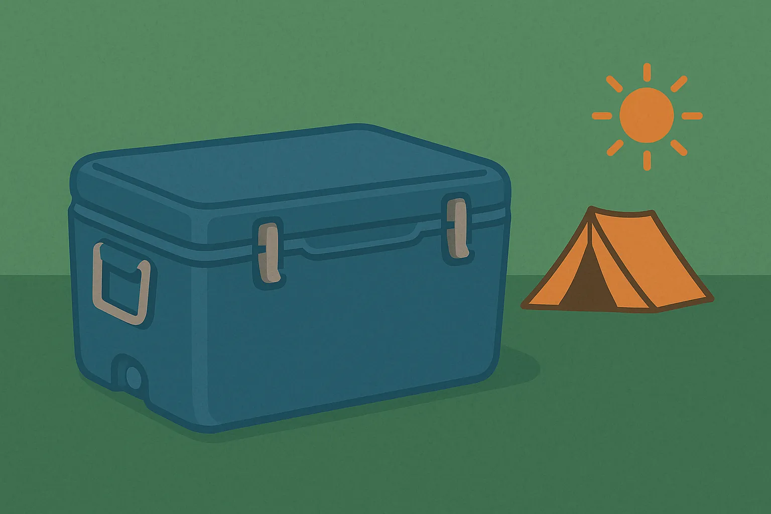 ファミリーキャンプ用の青いクーラーボックスとオレンジ色のテントが描かれたイラスト