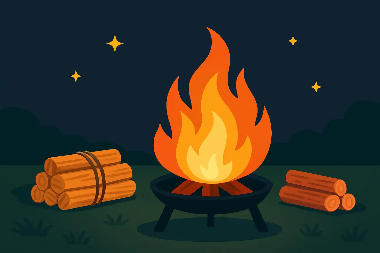夜のキャンプ場で焚き火台に燃え上がる炎、周囲に薪が置かれ星が輝くイラスト