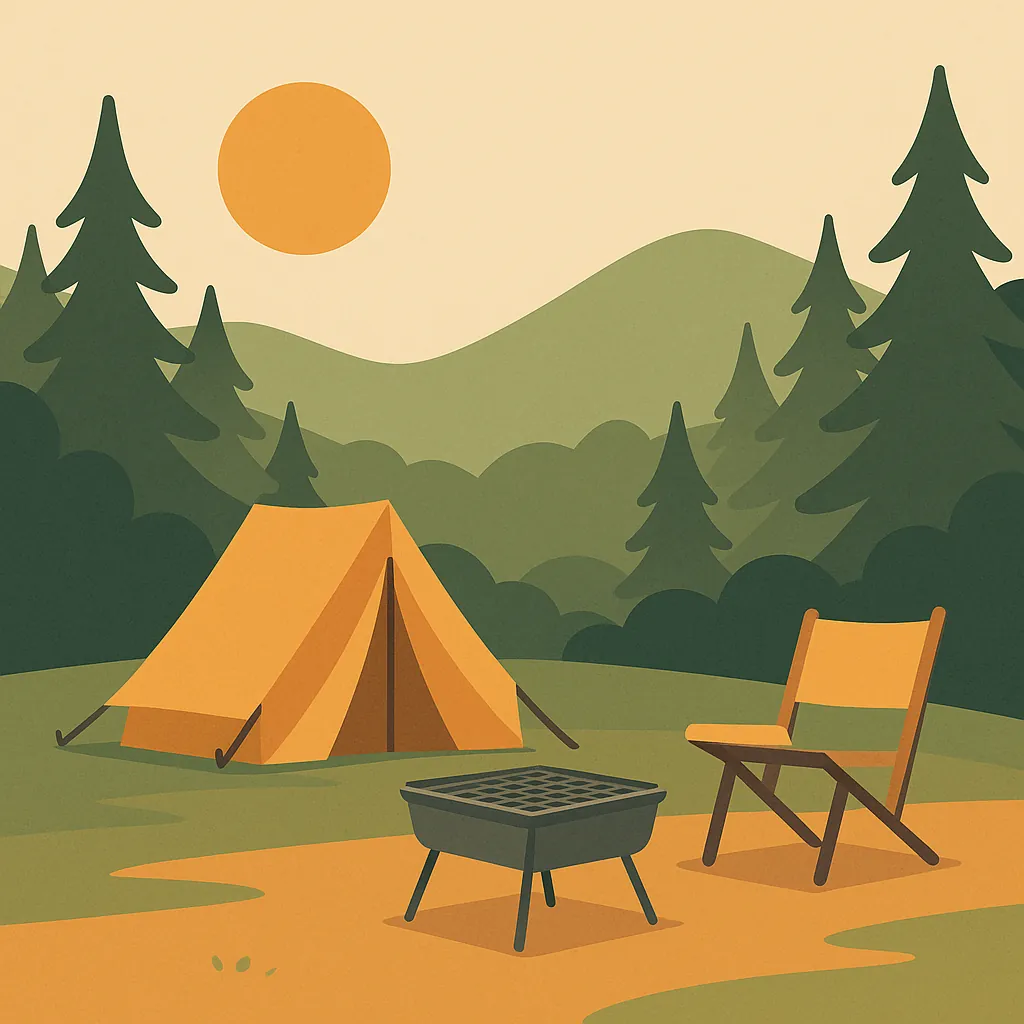 イラスト風のソロキャンプ風景。黄色いテント、木製チェア、小型グリルが森の中に設置されている。