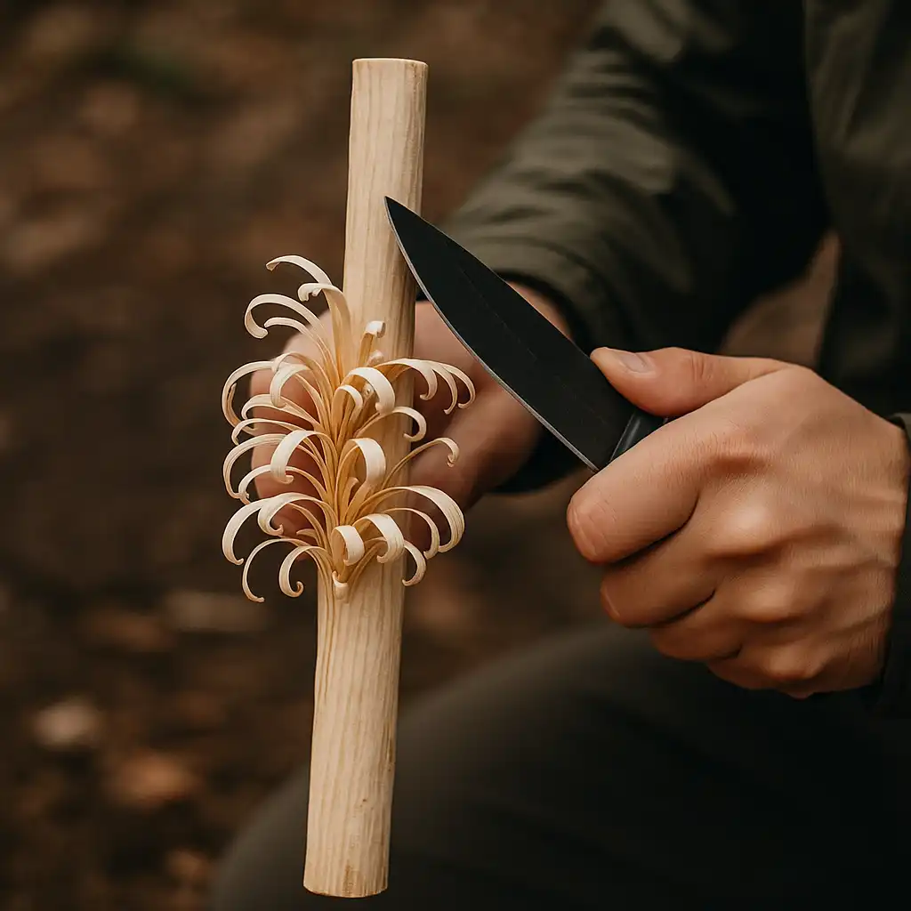 フェザースティックをナイフで削る手元のクローズアップ写真、屋外の土の上で作業中