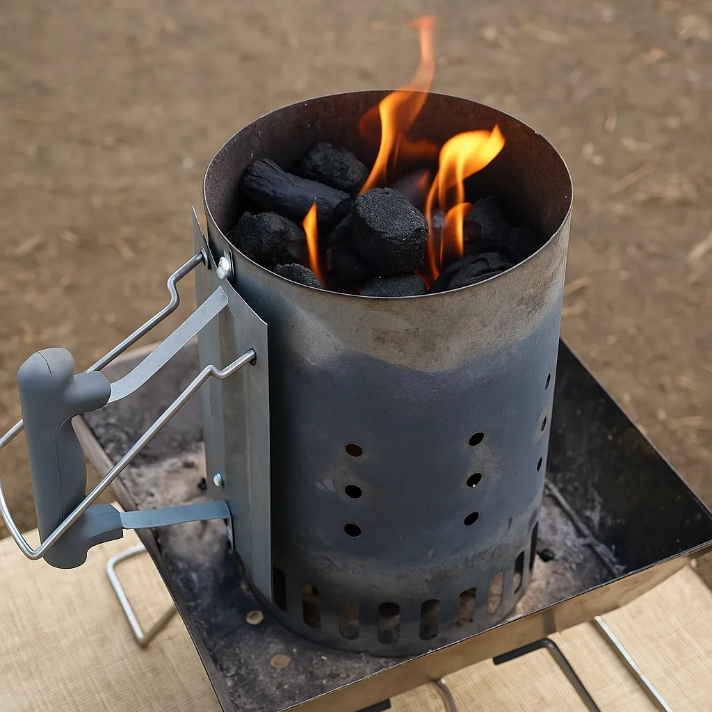 屋外で火おこし器を使い炭を着火している様子