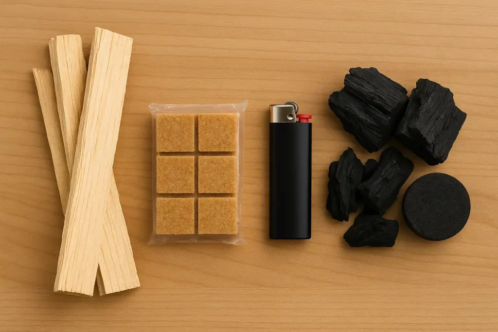 薪、着火剤、ライター、黒炭、成形炭が木のテーブル上に並んだ写真、火起こし用具の比較例