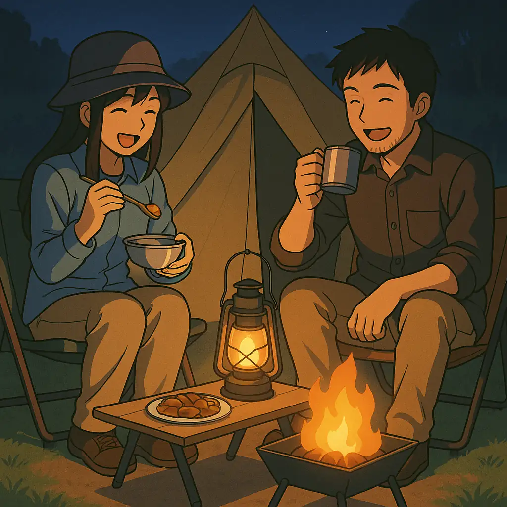 焚き火台を囲み楽しげに食事をする男女2人のアニメ風イラスト、夜のキャンプシーン