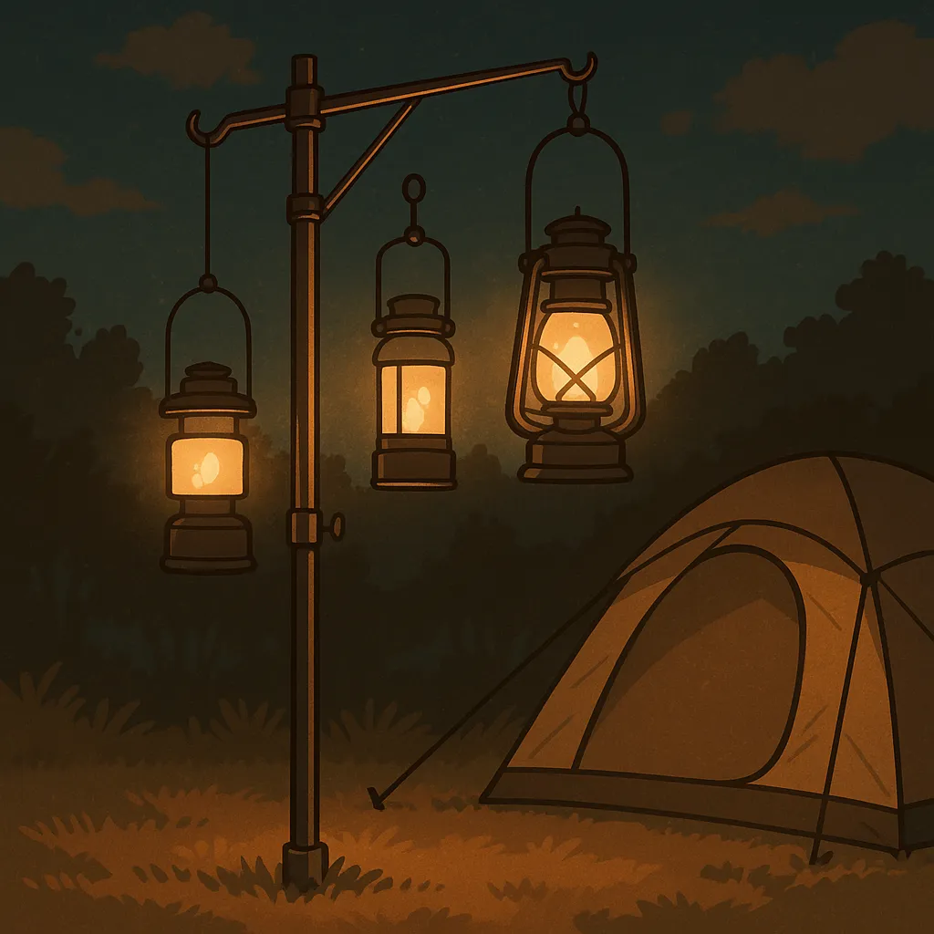 夜のキャンプサイトでランタンスタンドに3つのランタンが灯り、隣にテントが設営されたシーンを描いたイラスト。