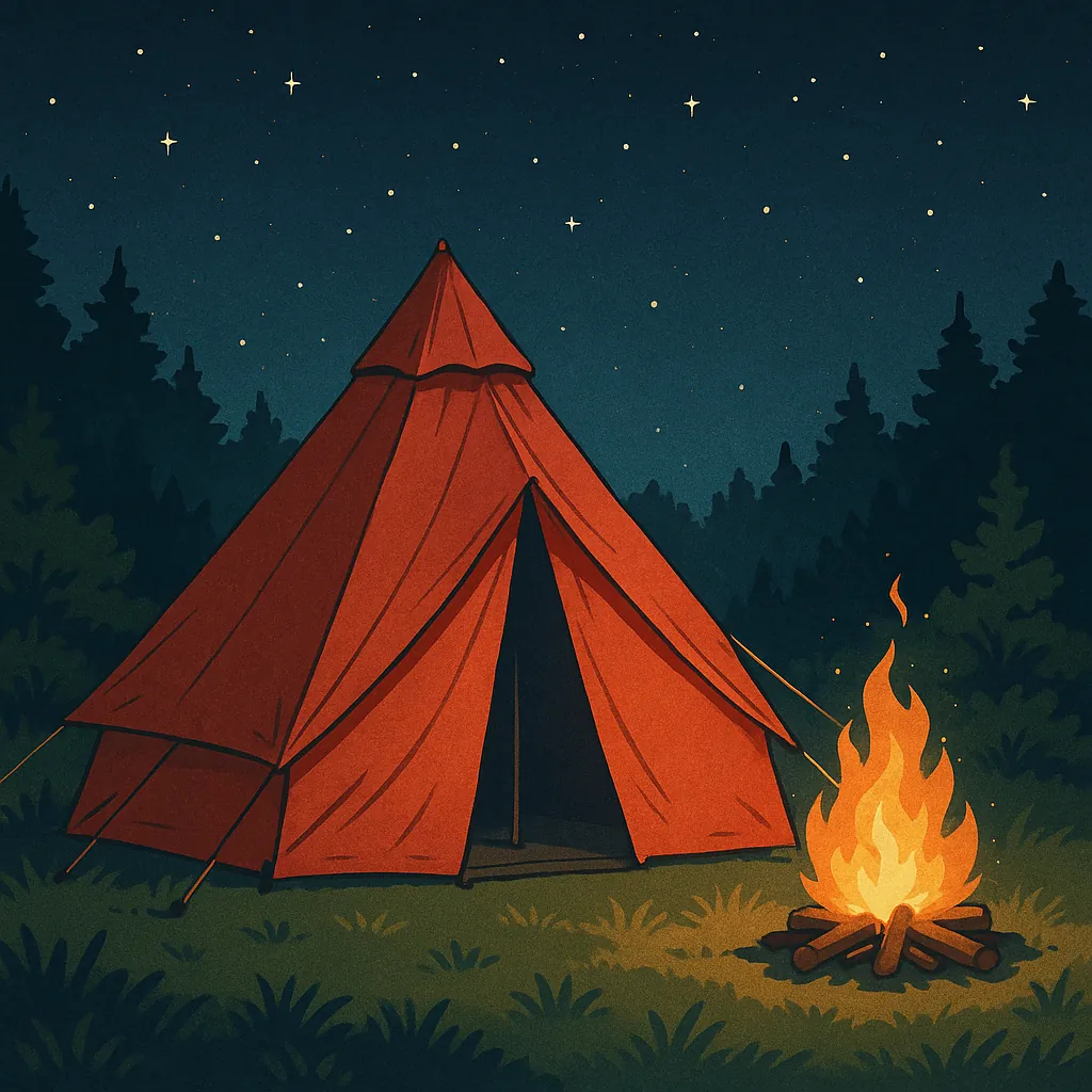 夜のキャンプシーンを描いたイラスト。テントと焚き火が静かに灯っている。