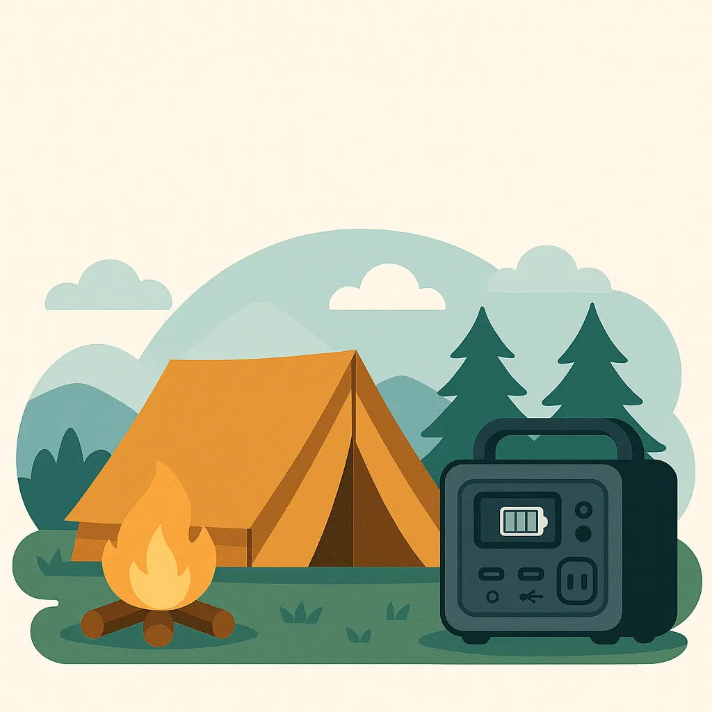 キャンプ場の風景、オレンジのテントと焚き火、ポータブル電源のイラスト