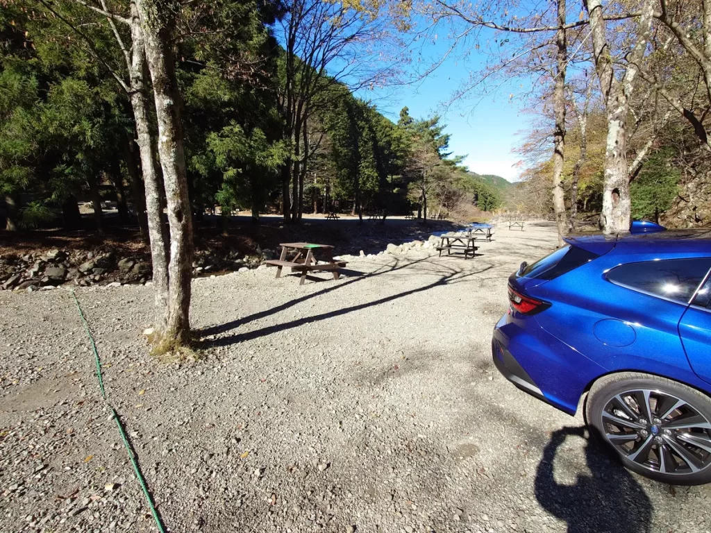 BOSCO Auto Camp Baseの区画サイト全景と駐車中の車