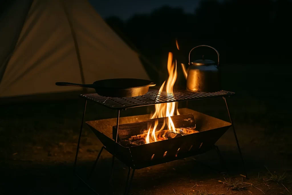 夜の焚き火台で調理中の写真風画像