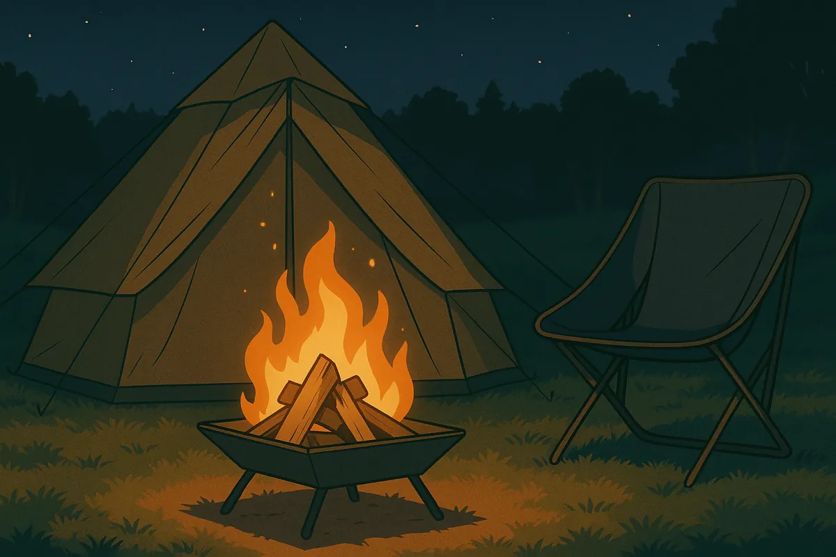 焚き火台に薪が燃える夜のキャンプサイトの様子