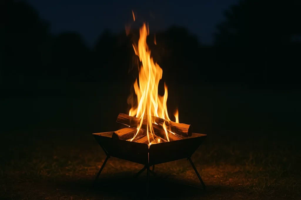 夜の焚き火台で焚き火をしている写真風画像