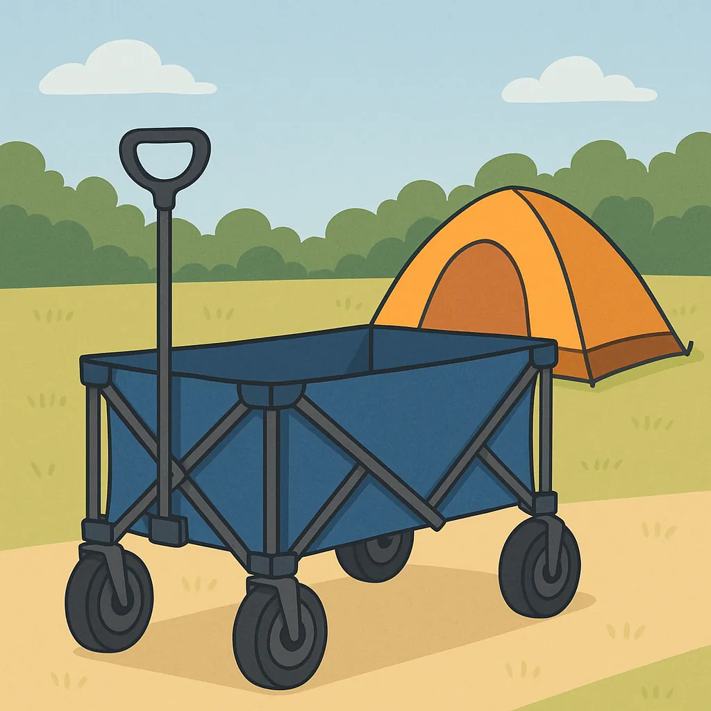 青いキャリーワゴンとオレンジ色のテントが並ぶキャンプサイトのイラスト