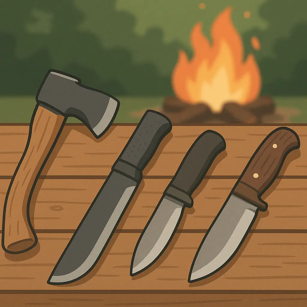 木製テーブルの上に並べられたキャンプ用の斧・ナタ・ナイフのイラスト。背景には焚き火がぼんやりと描かれており、道具の形状がそれぞれ異なることがわかる構図。