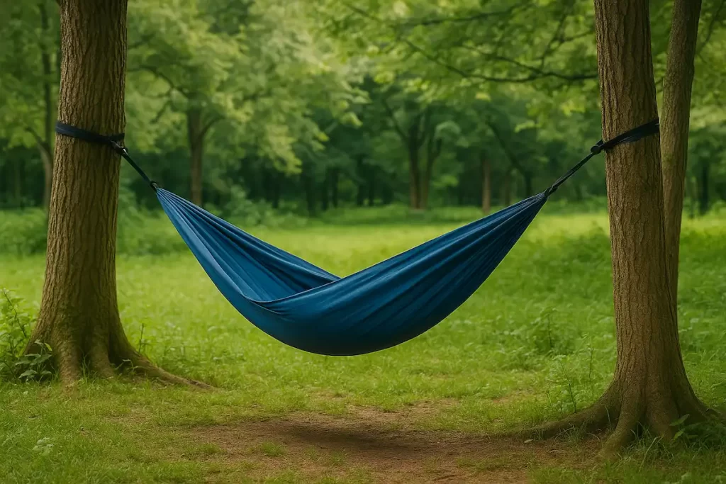 林間に張られたハンモックを横から俯瞰で撮影した写真。設営角度が分かる全景