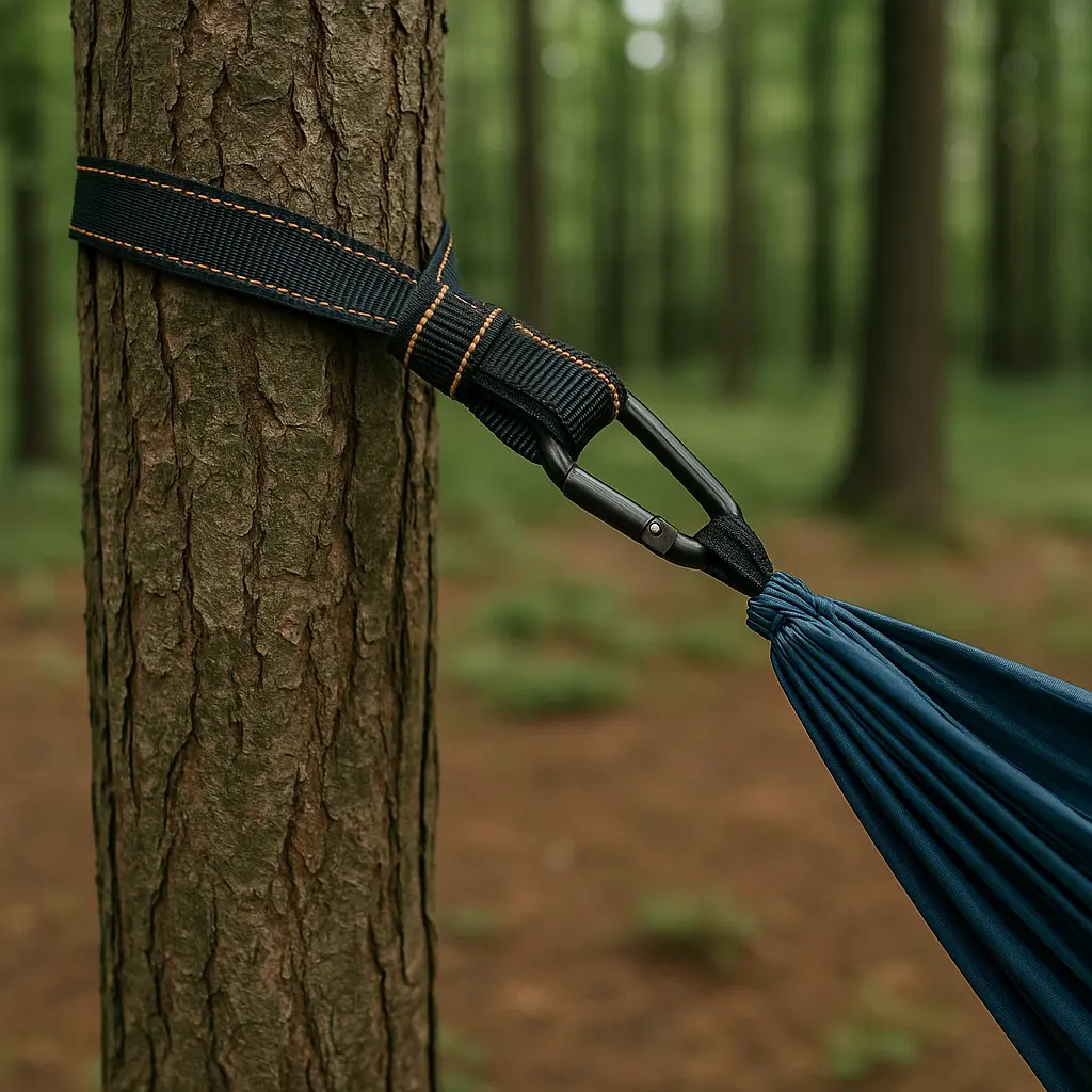 ハンモック上部に張られたリッジラインと、サスペンションに結ばれたドリップラインを写したクローズアップ写真